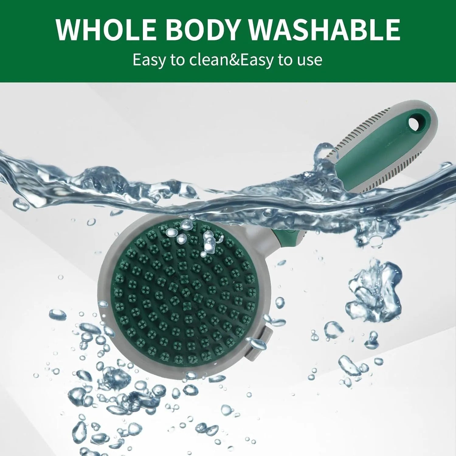Green and pink dual-sided pet grooming brush with retractable slicker brush and silicone massager pins