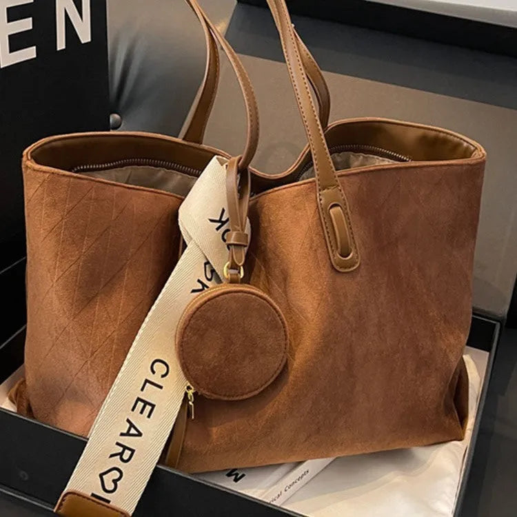 Women's large casual shoulder tote bag in horizontal square design with soft polyester construction