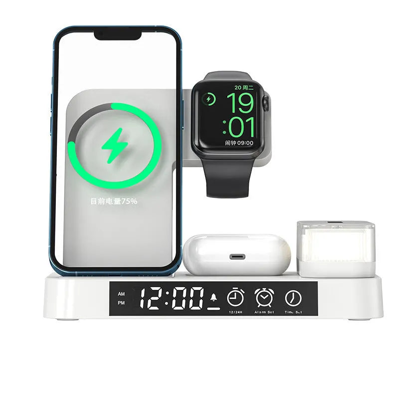 White foldable wireless charging station showing alarm clock display, phone charging surface and RGB night light