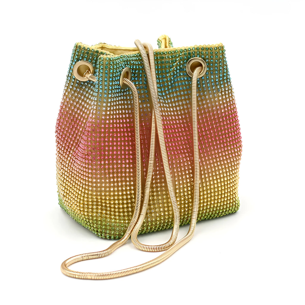 Rainbow multi-colour rhinestone bucket bag with diamond pattern design and soft fabric texture