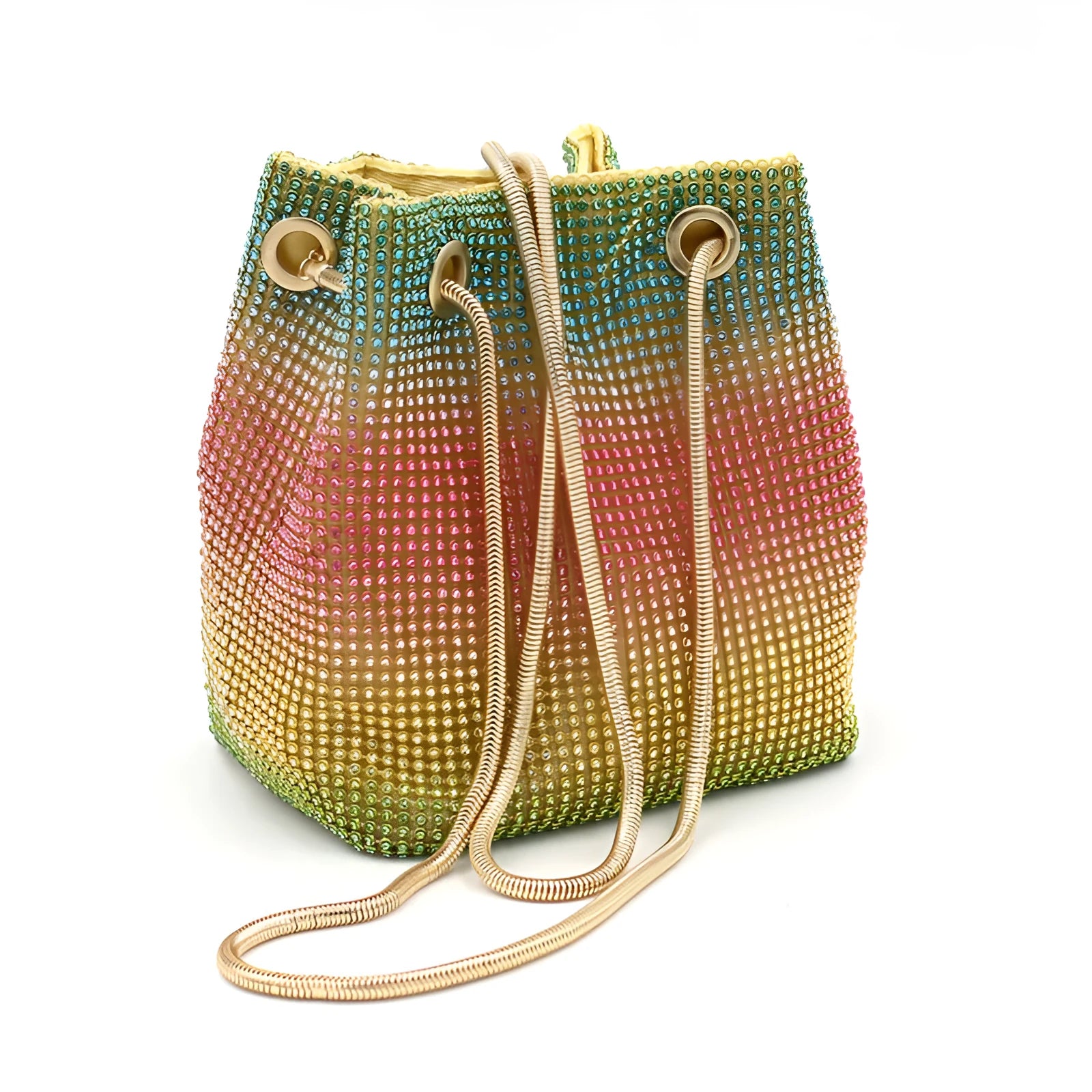 Rainbow multi-colour rhinestone bucket bag with diamond pattern design and soft fabric texture