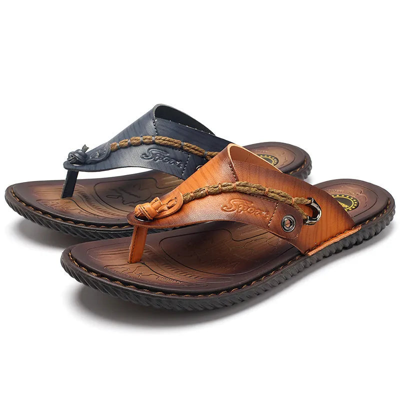 Men's herringbone pattern outdoor slippers in dark blue with leather lining and rubber sole
