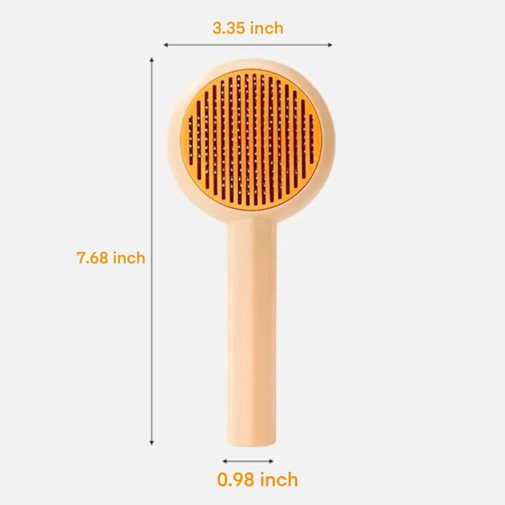 Blue self-cleaning pet grooming brush with metal pins and a button for hair removal