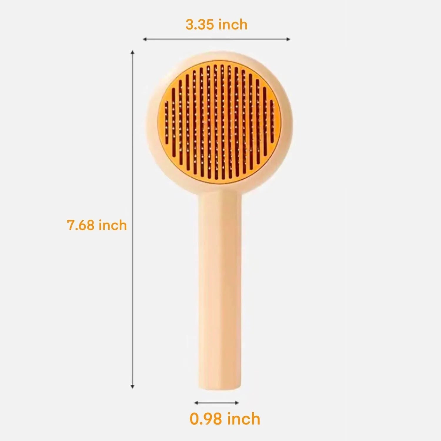 Blue self-cleaning pet grooming brush with metal pins and a button for hair removal
