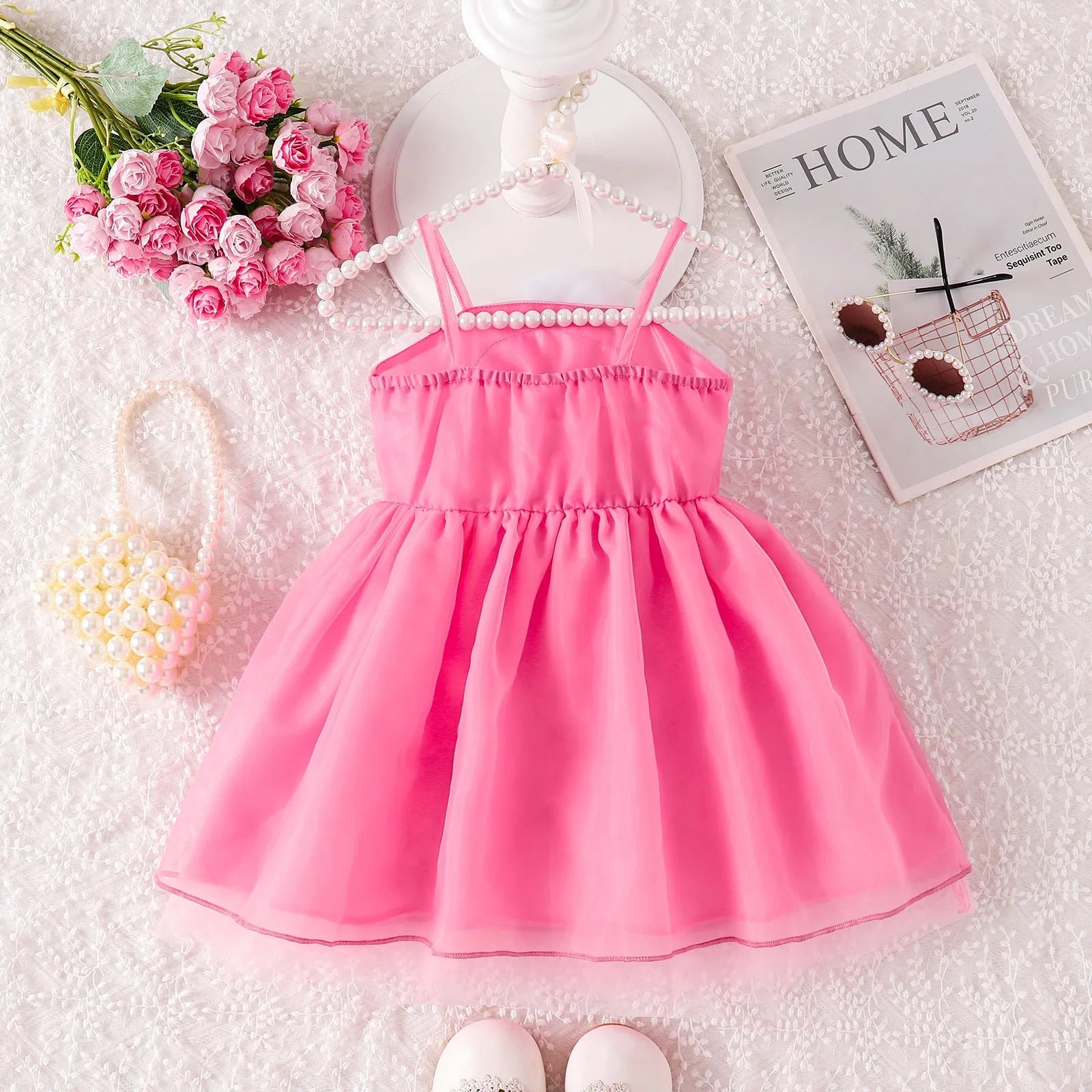 Pink floral strap puffy polyester dress for baby girls suitable for heights 6-9M to 2-3Y