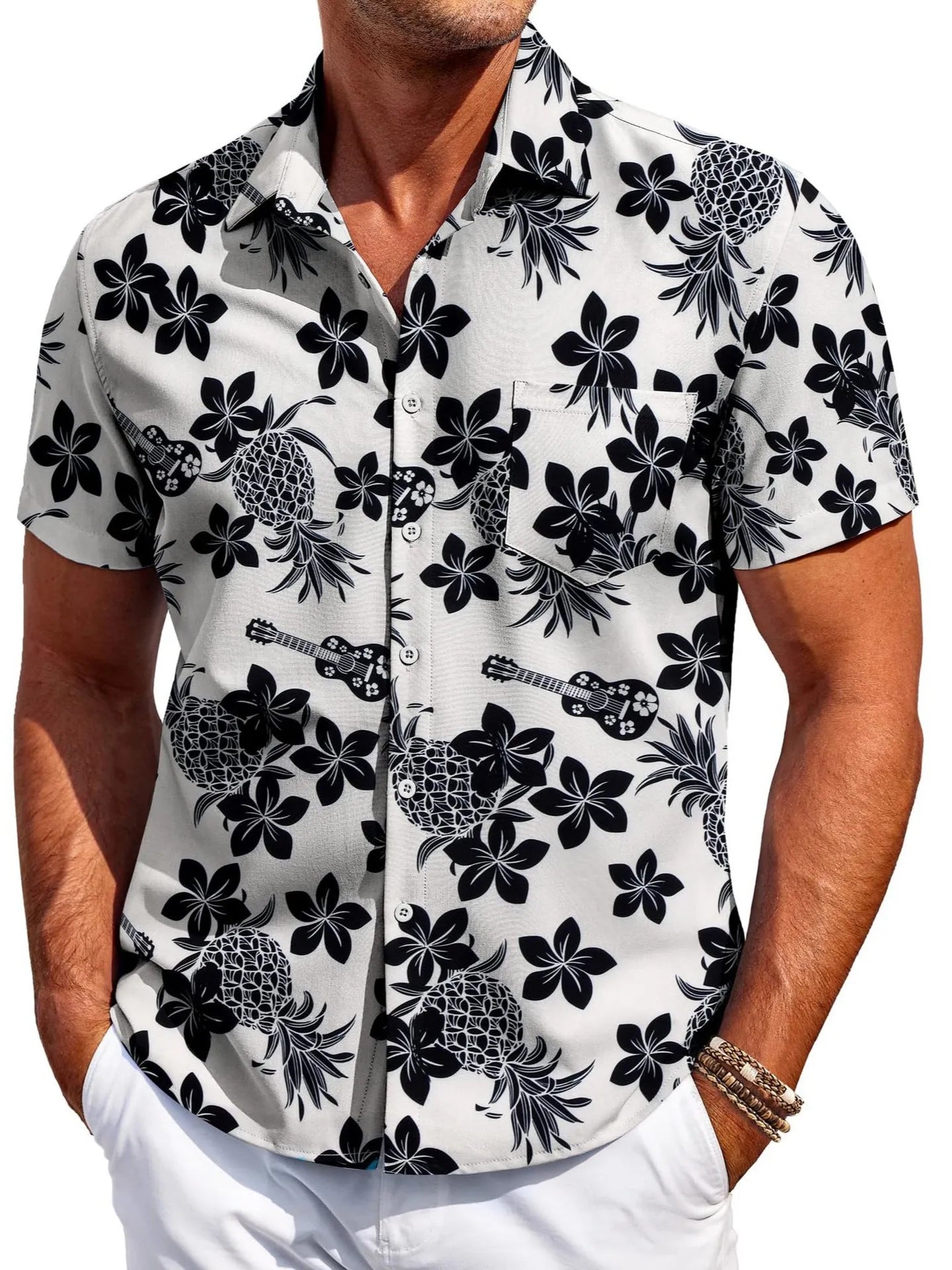 Men's slim fit Hawaiian-inspired cardigan shirt in elastic polyester fabric