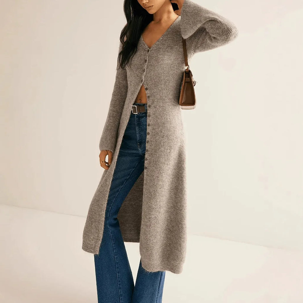 Khaki long sleeve coat cardigan with button front in a retro French style.