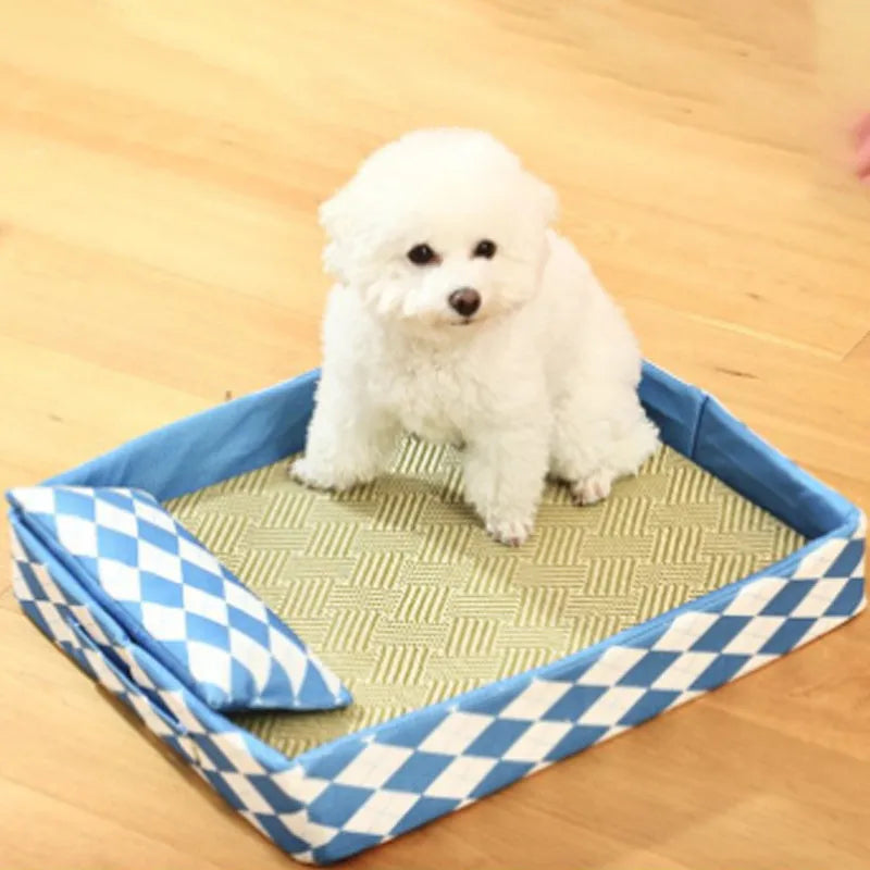 Blue woven rattan cat litter mat functioning as a raised pet bed, shown in a large size.