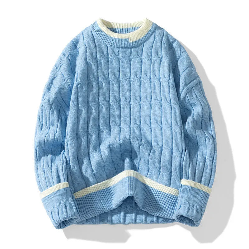 Men's loose fit modal acrylic two-piece jumper set in light blue, showing pullover and trousers.