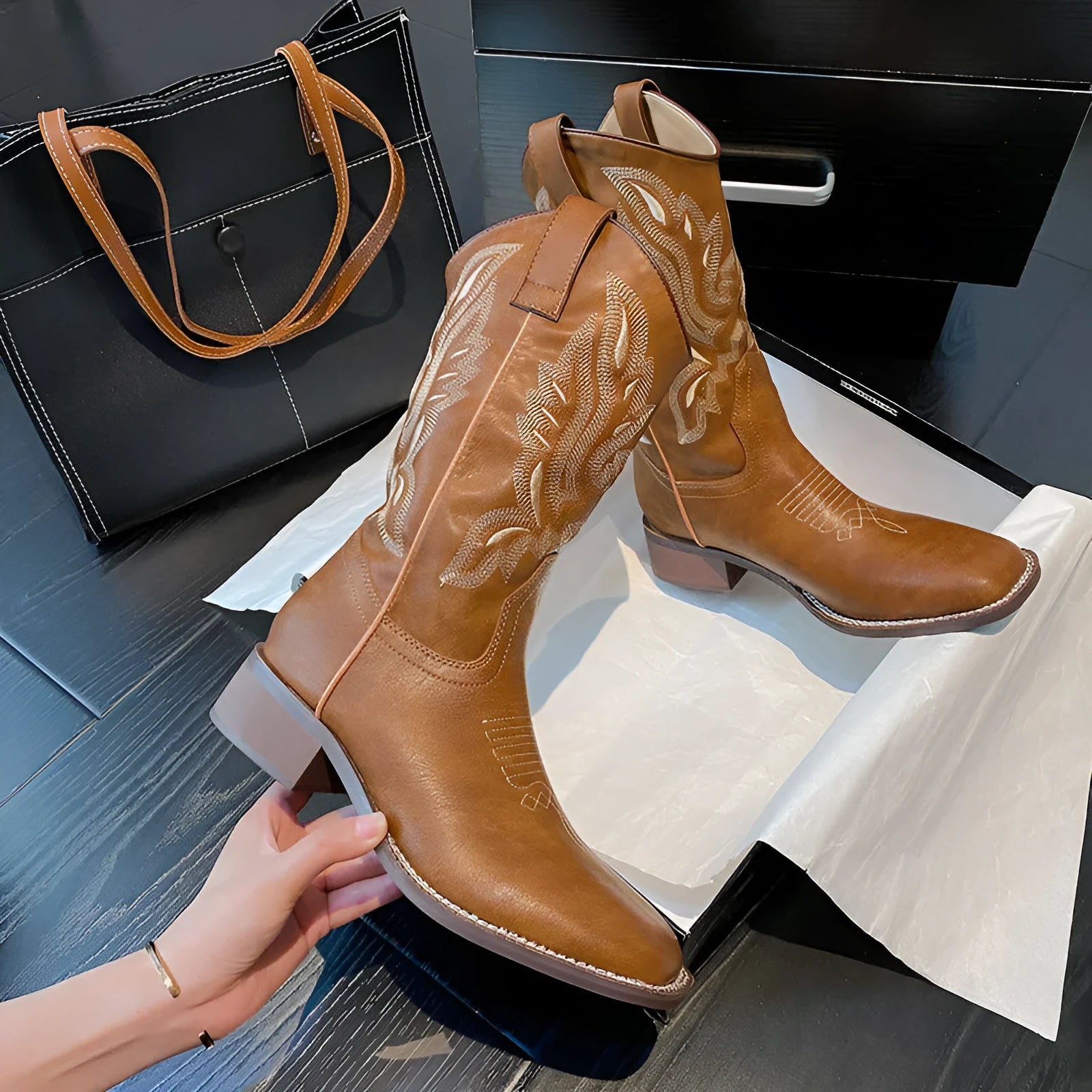 Brown women's mid-calf embroidered martin boots with leather lining and waterproof platform