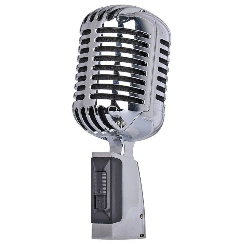 Retro metal wired stage microphone in black colour with moving coil sensor for karaoke use