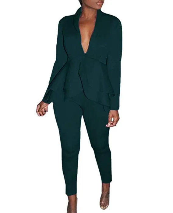 Ruffled air layer business shirt and pencil pants uniform set in multiple colour options
