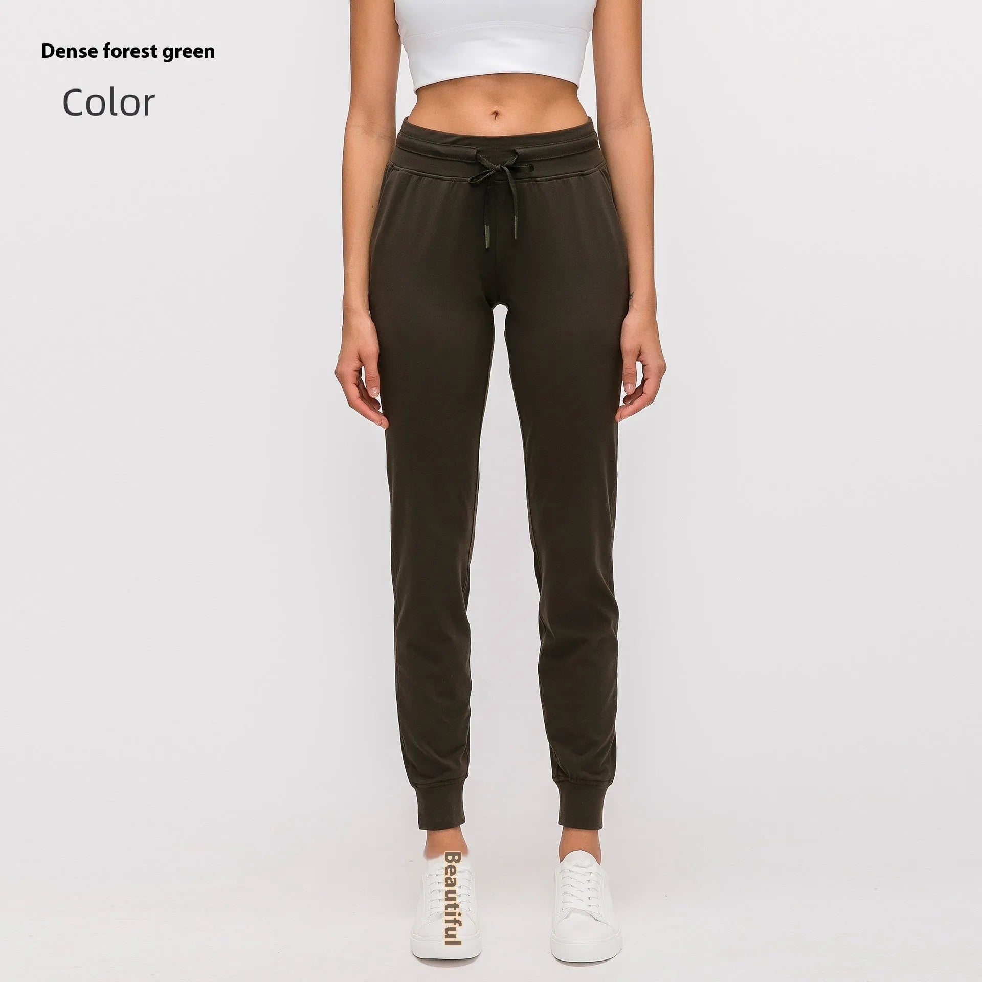 Women's high waist yoga pants with drawstring waistband in quick-drying cotton blend fabric, multiple colour options