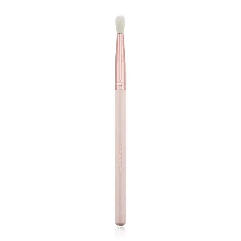 26-piece pink makeup brush set with wooden handles in protective roll case