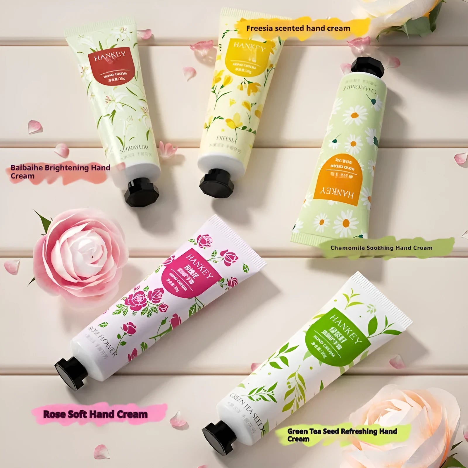 30g tube of scented hand cream for dry skin, shown with choice of avocado, chamomile, and rose fragrances.