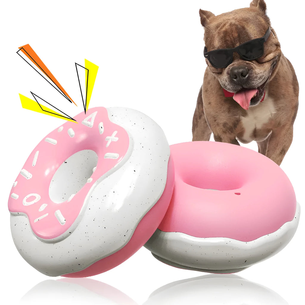 TPR molar teeth cleaning sound donut dog toy in pink, chocolate or yellow colours