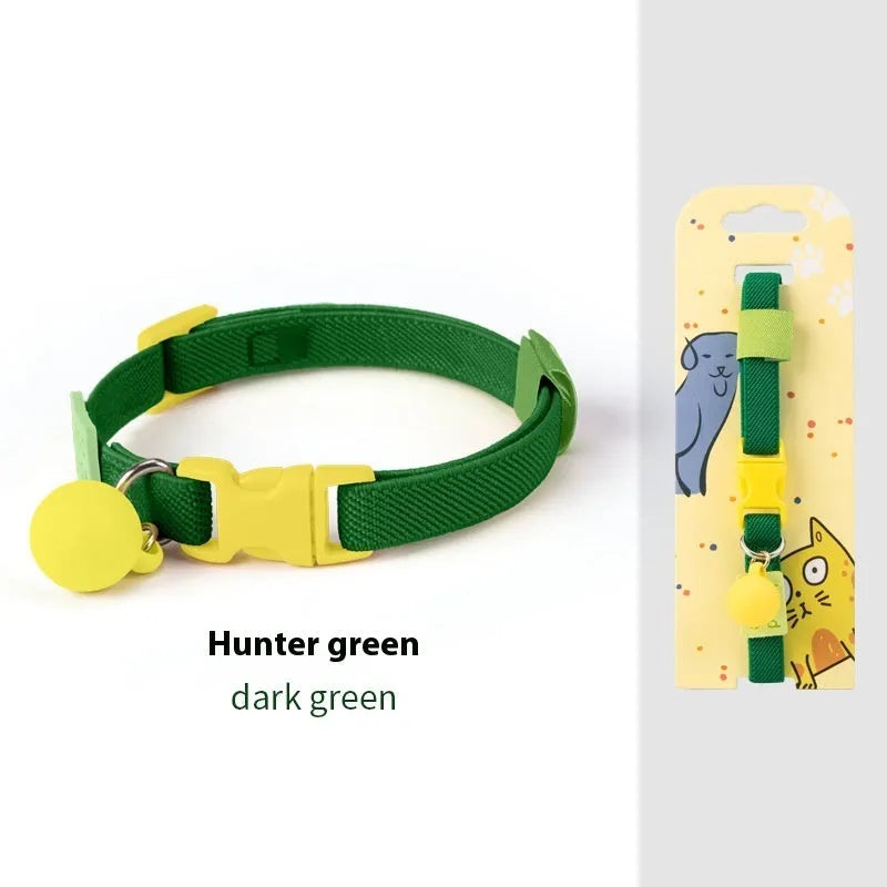 Small dog elastic polyester pet collar in seven colour options showing yellow, pink, and blue examples