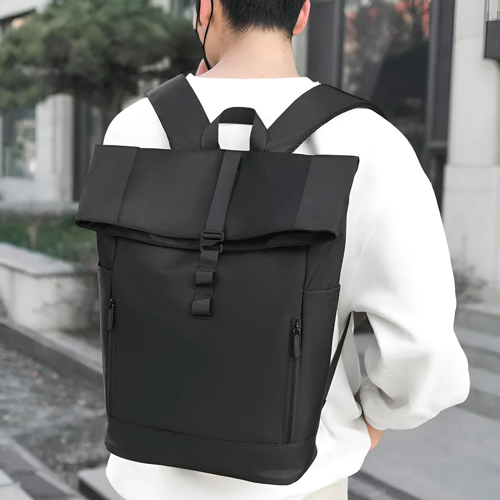 Men's gray nylon business leisure schoolbag waterproof breathable expandable backpack side view