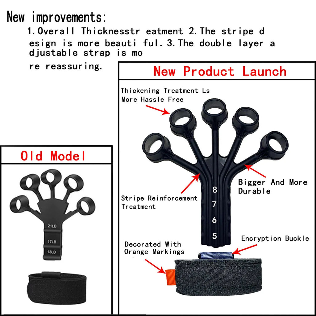 Black and grey silicone finger flexion and extension trainer with adjusting belt for hand rehabilitation.