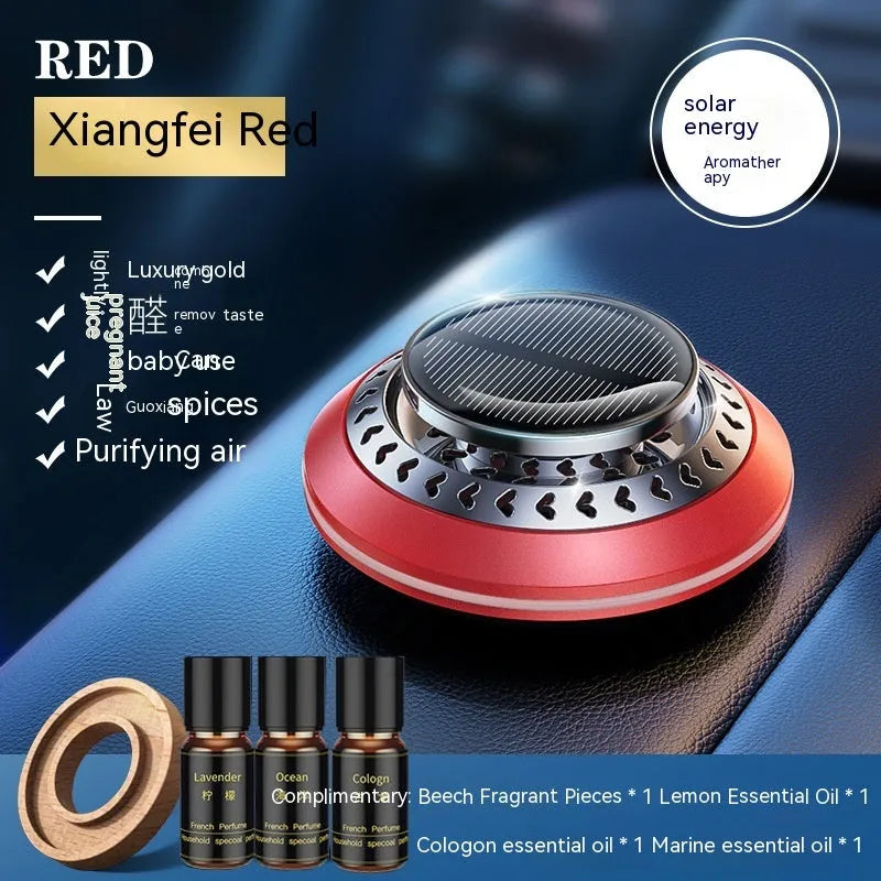 Solar-powered car air freshener with aluminium alloy housing and rotating fan