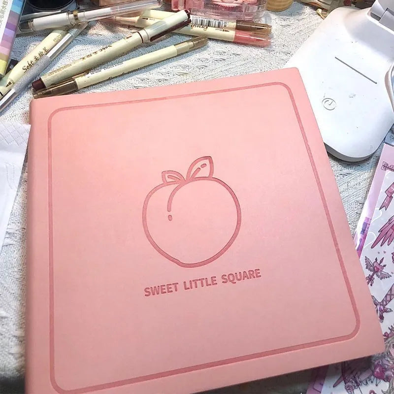 Square faux leather notebook with Daolin paper pages in peach pink, avocado green, and blueberry purple colour options