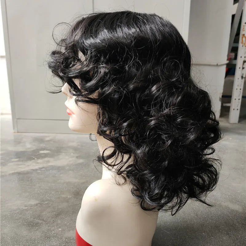 Black synthetic Afro wig with curly texture and heat-stylable high-temperature fibre construction