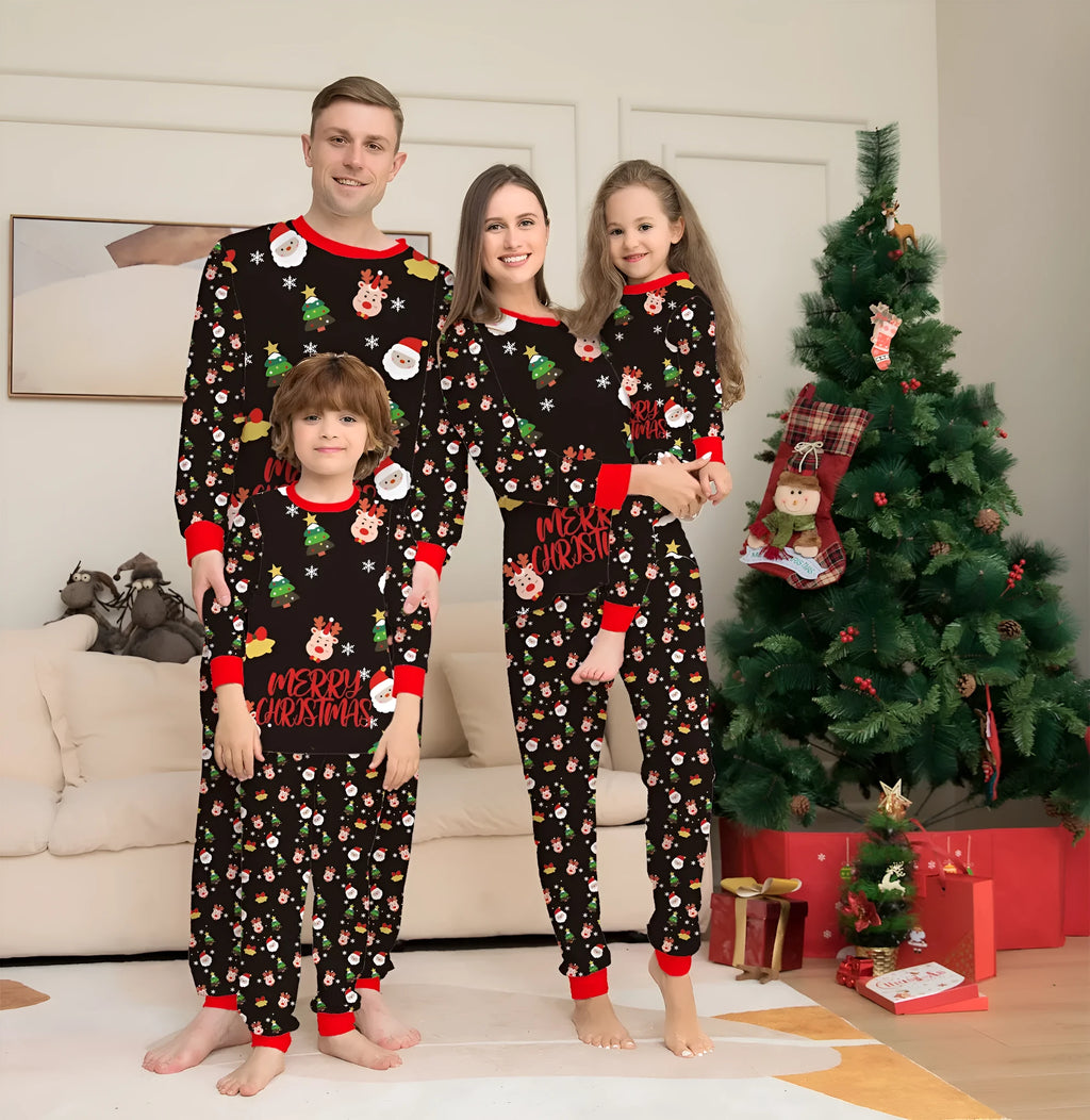 Family matching Christmas pyjamas set in cotton with plaid and cartoon prints for parents, children and dogs