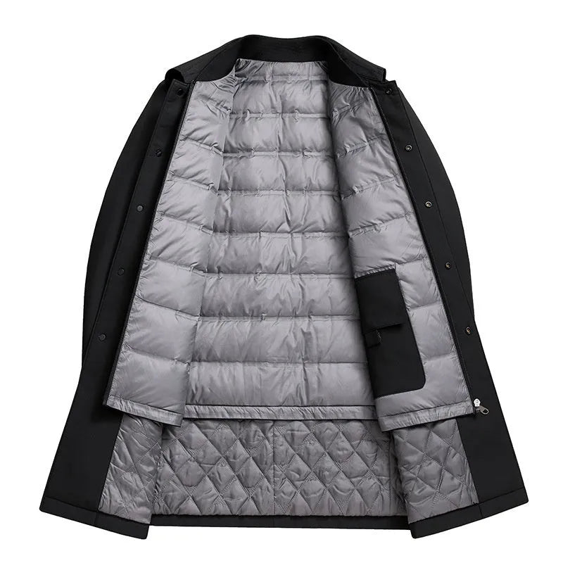 Men's mid-length white duck down jacket in black, thick polyester lining, non-iron, size M to 4XL
