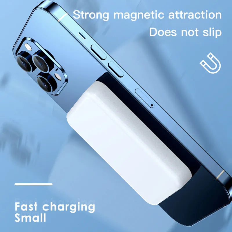 Pink, purple, or white 20000mAh magnetic wireless power bank with plastic shell, showing dimensions.