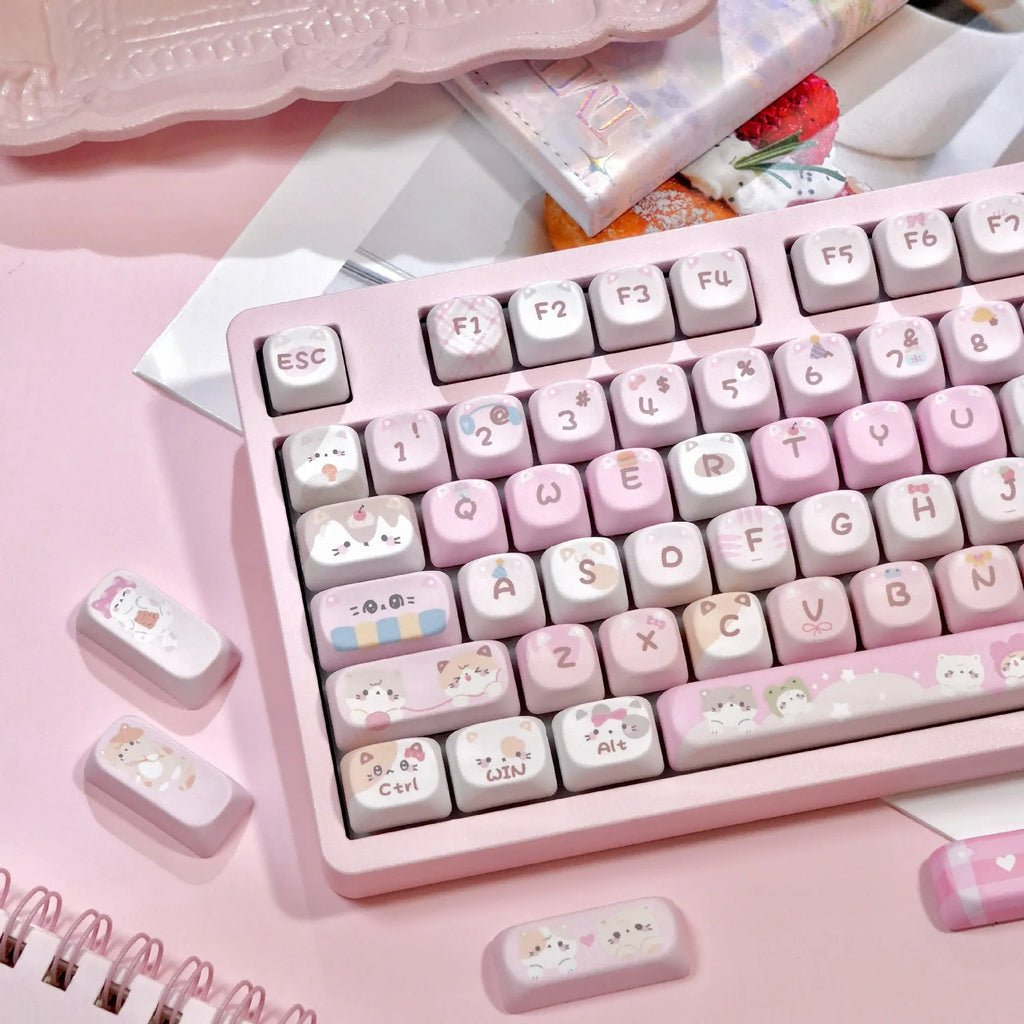 Set of pink cartoon design key caps for mechanical keyboards with MOA profile and five-sided sublimation print.