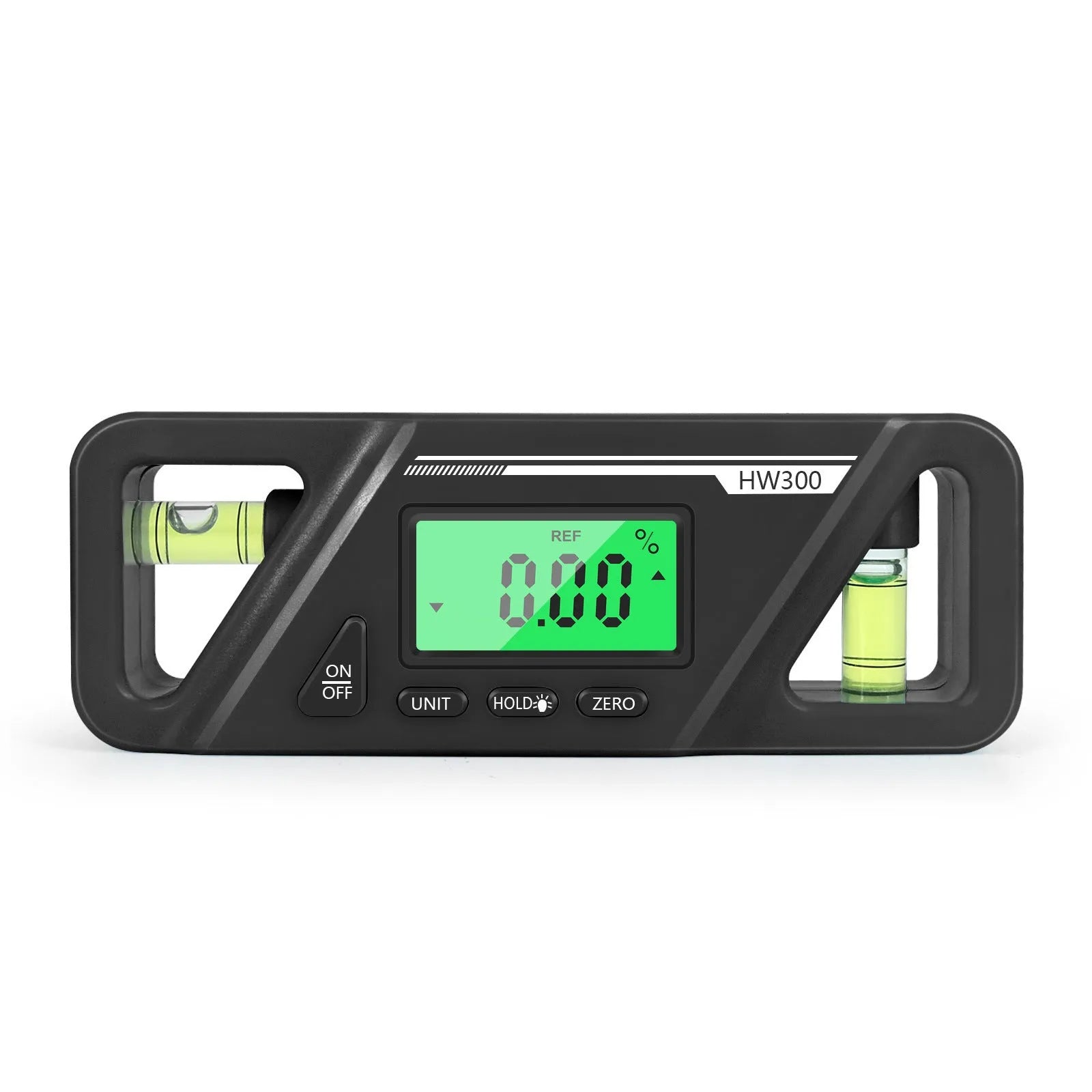 HW300 digital inclinometer level meter with magnetic base and LCD display, showing angle measurement.