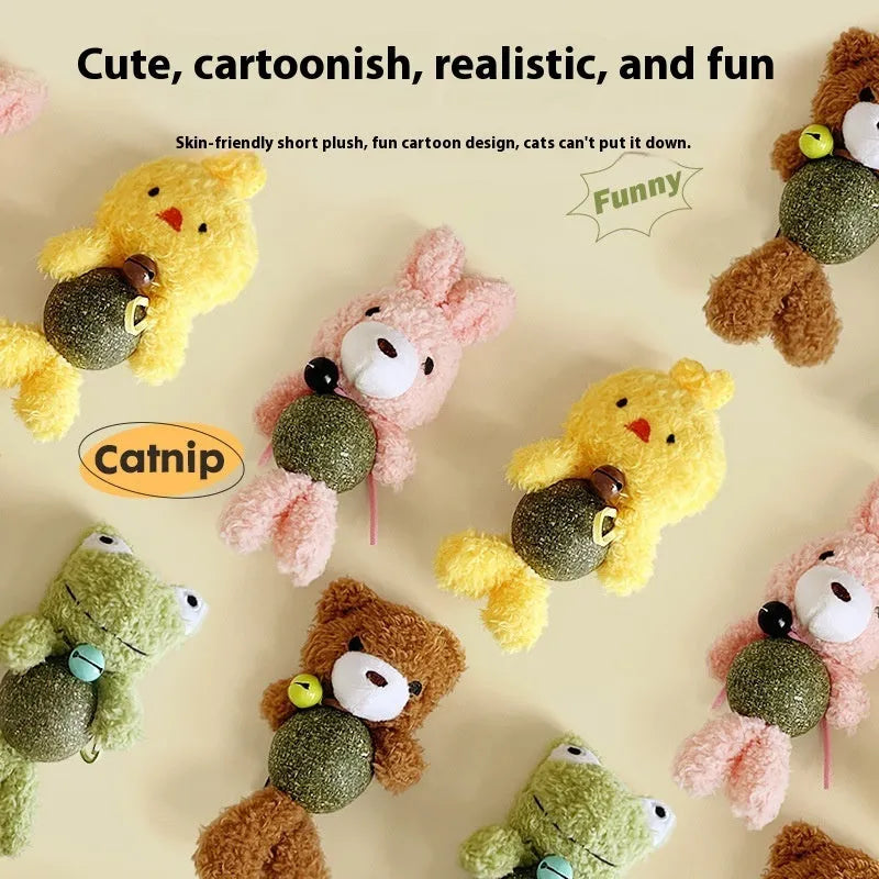 Plush catnip toy shaped like an animal with a separate mint ball, showing brown bear design