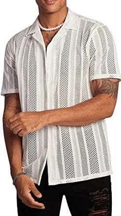 Men's white knitted short-sleeved shirt with button front and jacquard craft street fashion styling