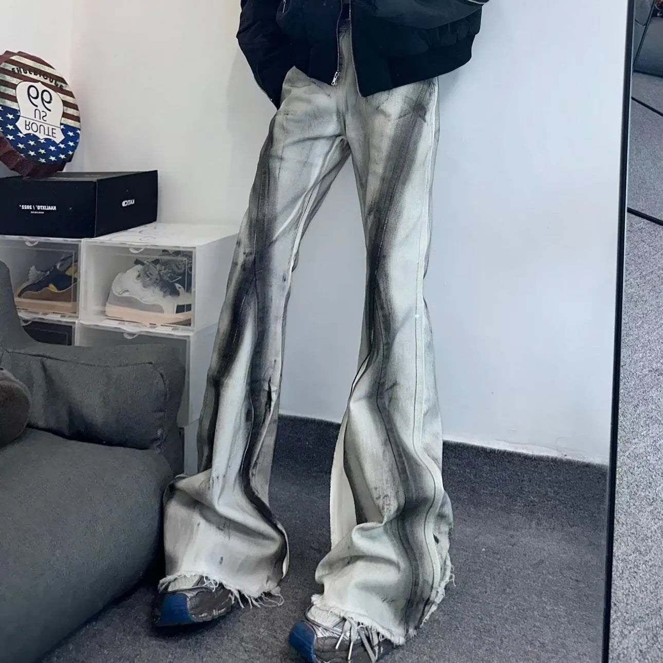 White heavy rough selvedge jeans with black ribbon gradient detailing and mid waist fit