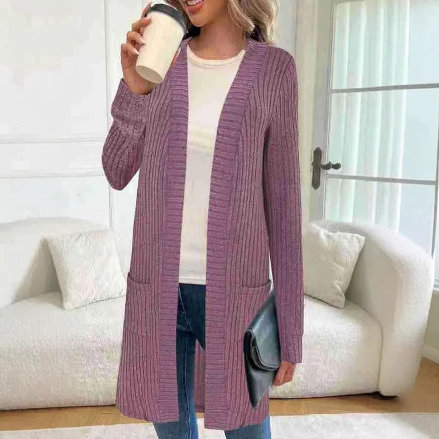 Long sleeve loose fit knitted cardigan jacket with pockets in polyester fabric