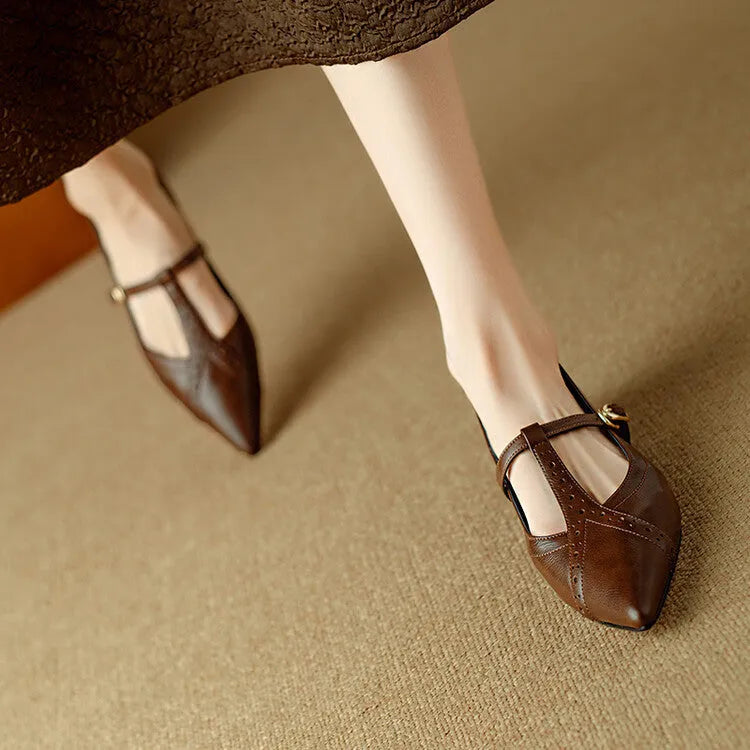 Women's brown pointed toe low-cut flat shoes with soft bottom and 3-5cm heel