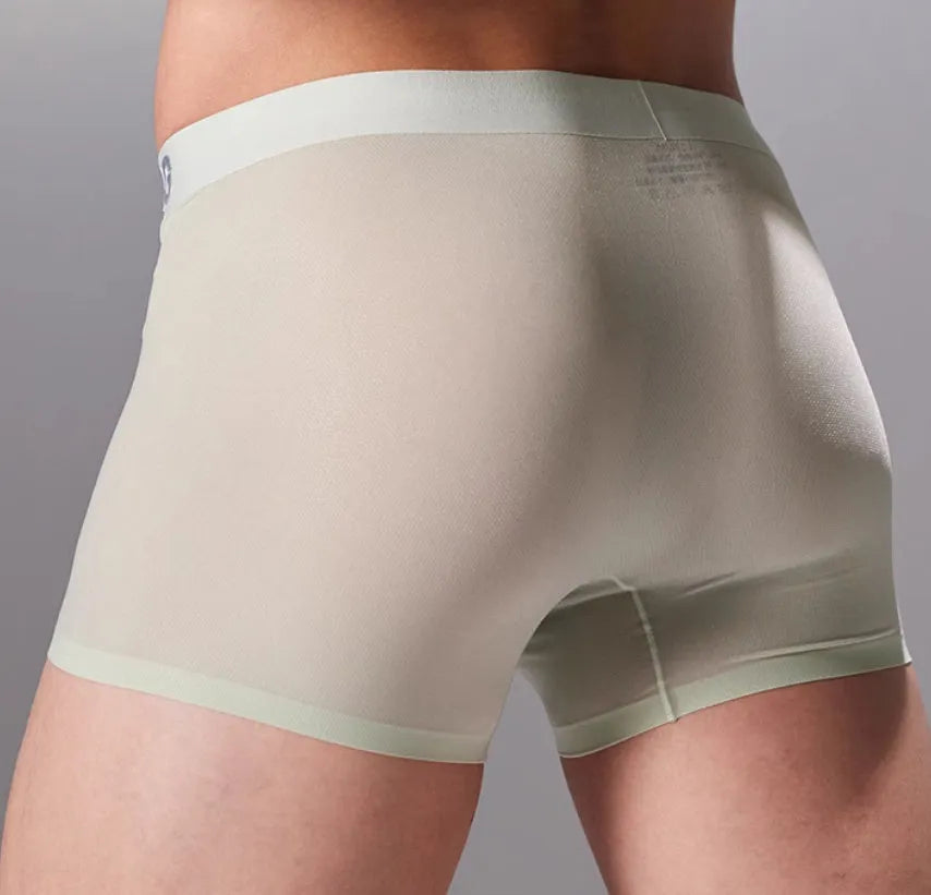 Men's seamless antibacterial fitness underwear shorts in a polyamide spandex blend on a grey background.