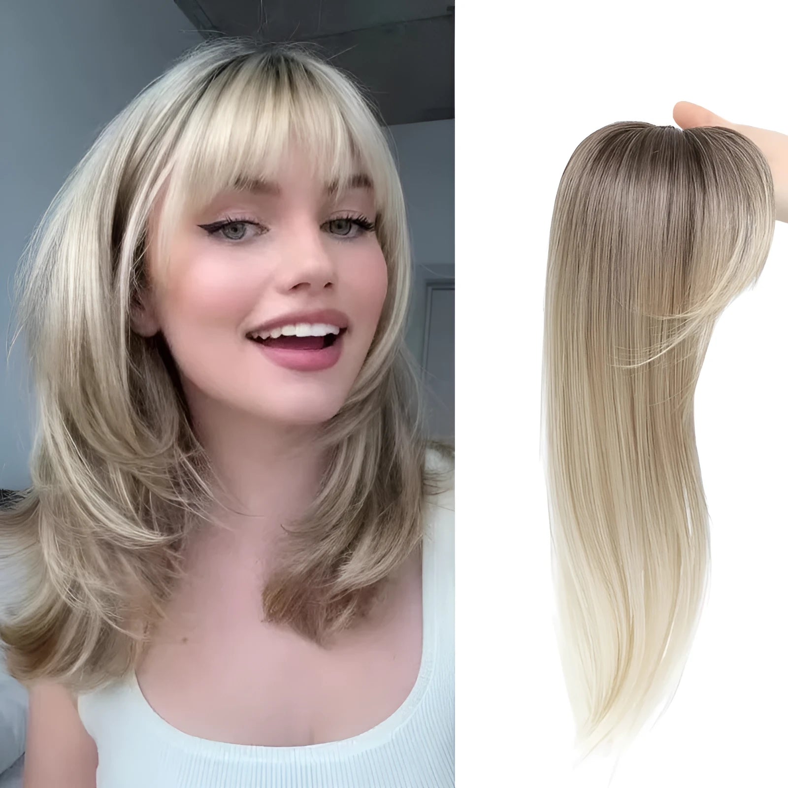 Synthetic high temperature fibre wig hairpiece with inner buckle and hair clip attachment in one of six colour styles.