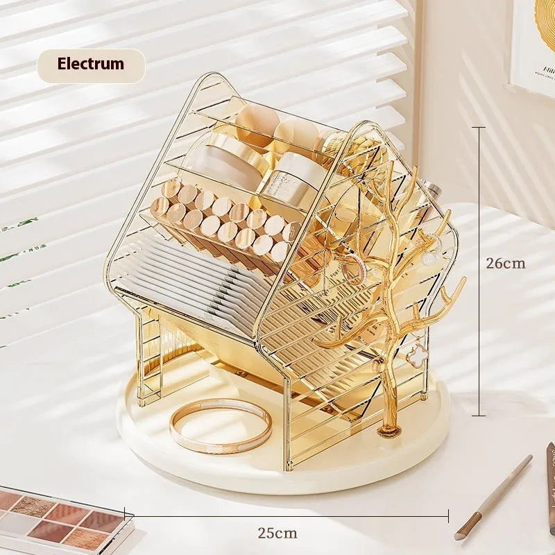 360-degree rotating cosmetics storage box in clear or amber gold plastic with light luxury style