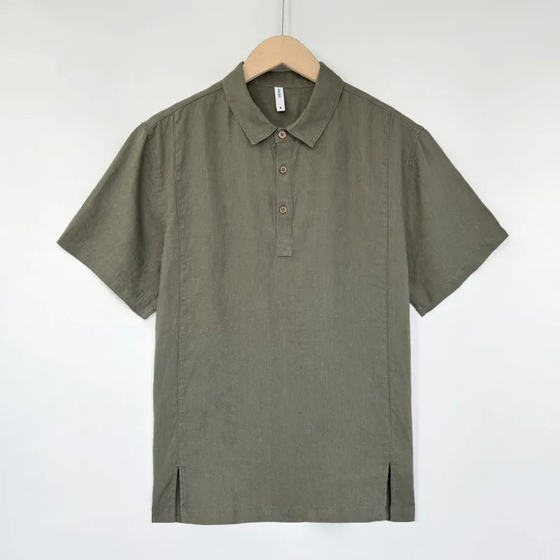 Men's loose fit linen summer shirt with thin lapels and short sleeves in grey green colour.