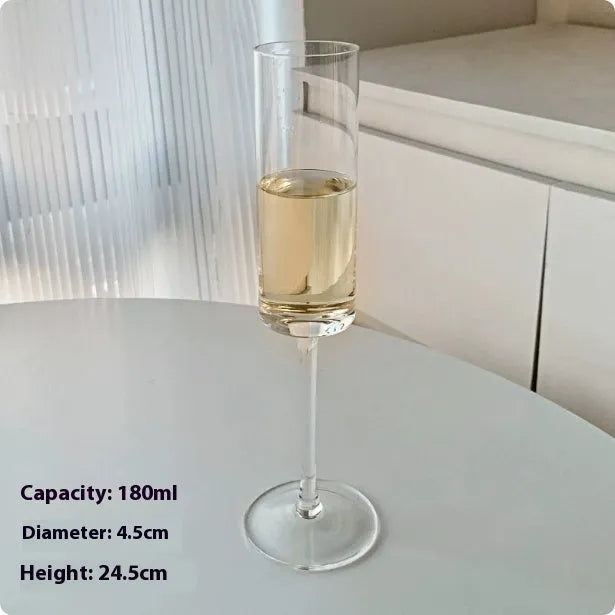 Clear crystal champagne glasses set showing seven different design styles including flute and goblet shapes