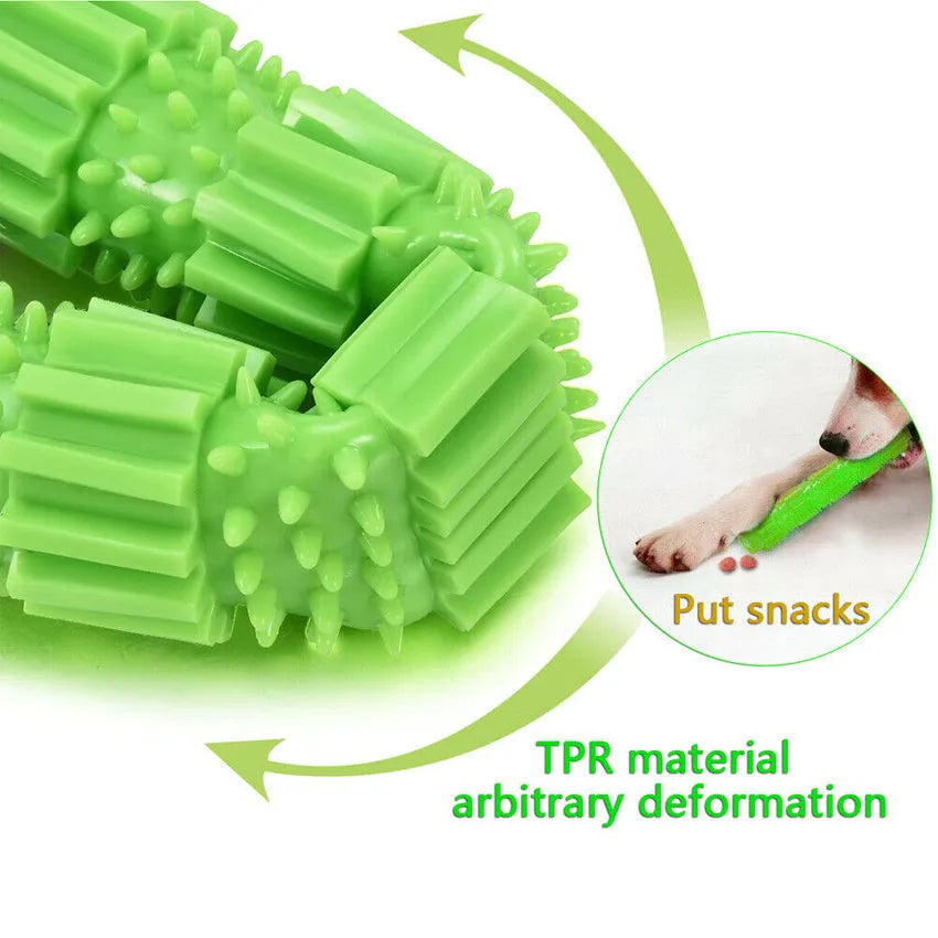 Green natural rubber dog chew toy with textured surface and treat-dispensing hole.