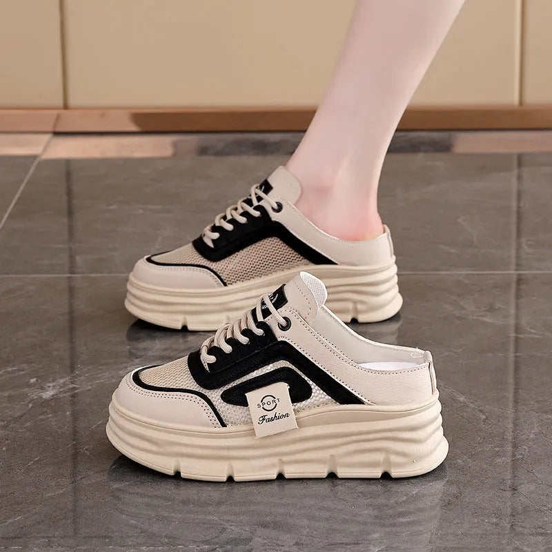 Women's black mesh half slippers with height-increasing insole and round toe design
