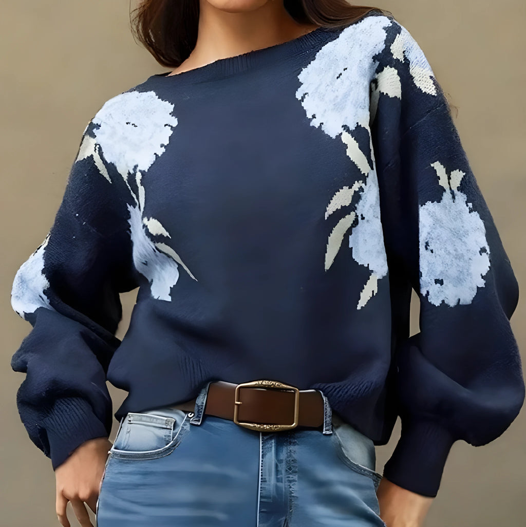 Women's sapphire blue loose pullover with floral jacquard pattern and off-neck design
