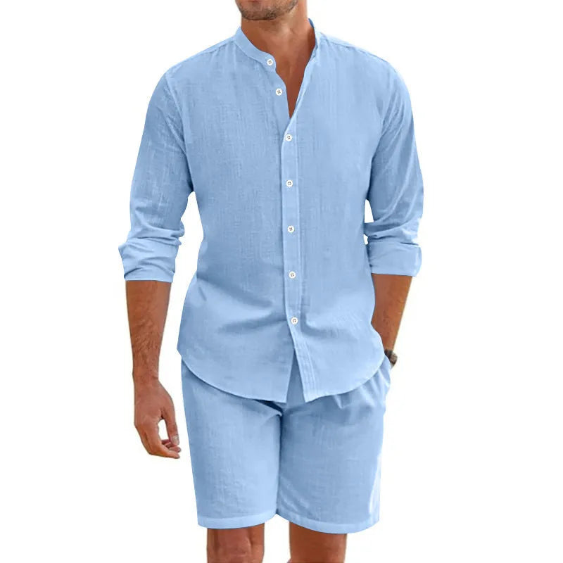 Men's dark grey hemp blend summer shirt suit with lapel button-down top and drawstring shorts