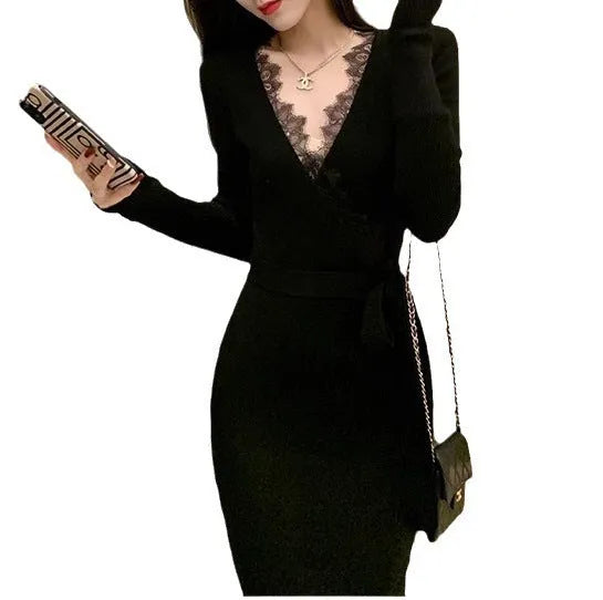 Women's slim fit black woolen skirt with princess dress cut