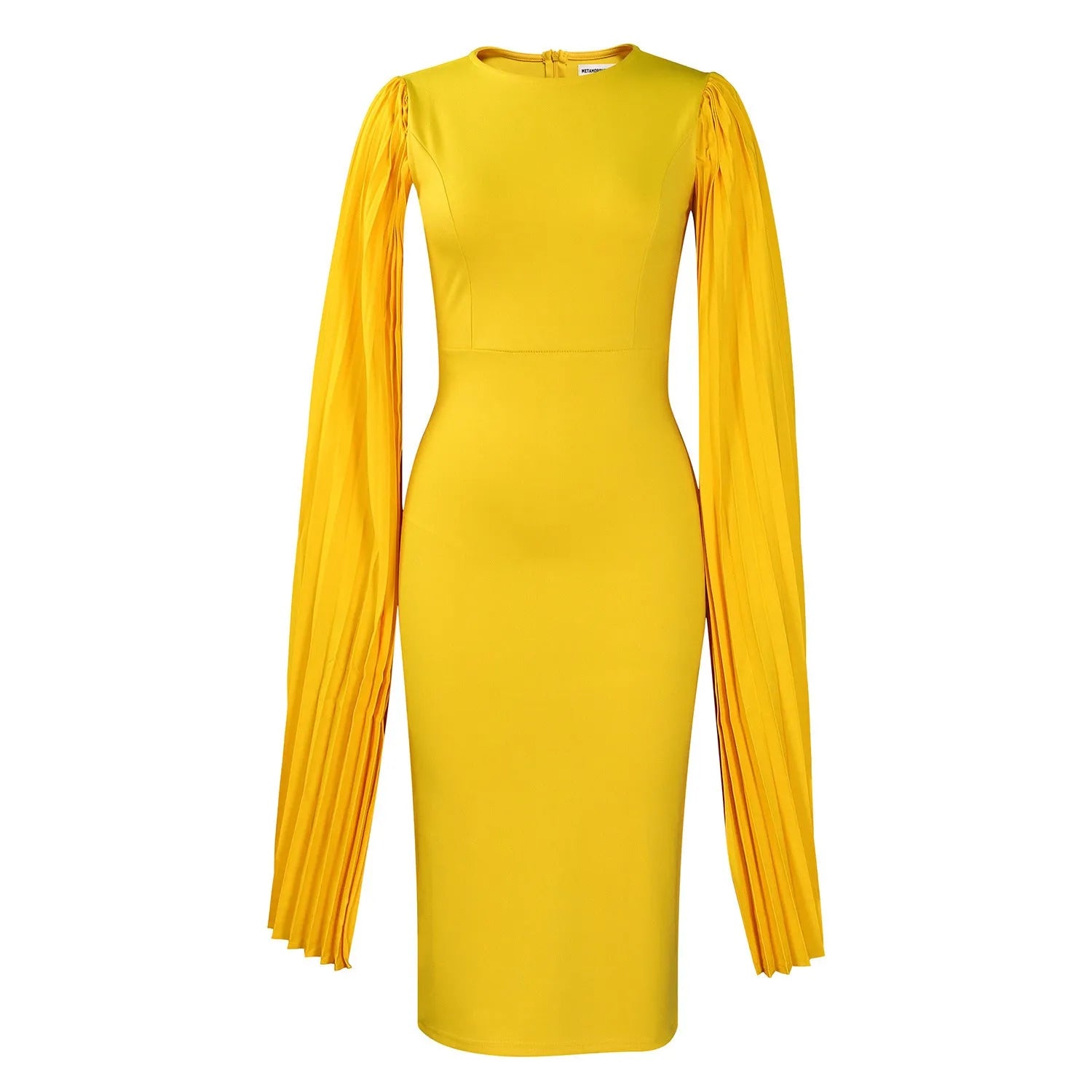 Yellow women's formal evening gown with a pleated shawl, high waist, and long sleeves on a mannequin.