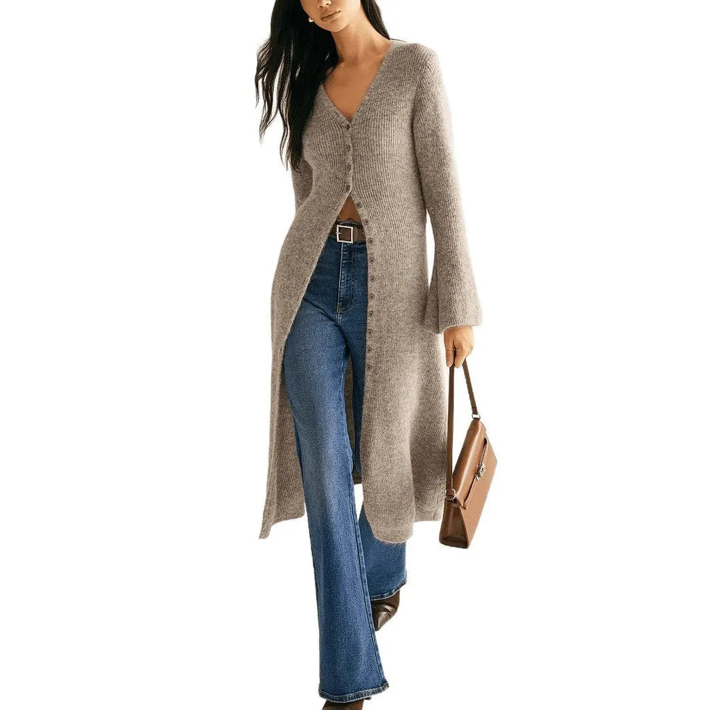 Khaki long sleeve coat cardigan with button front in a retro French style.