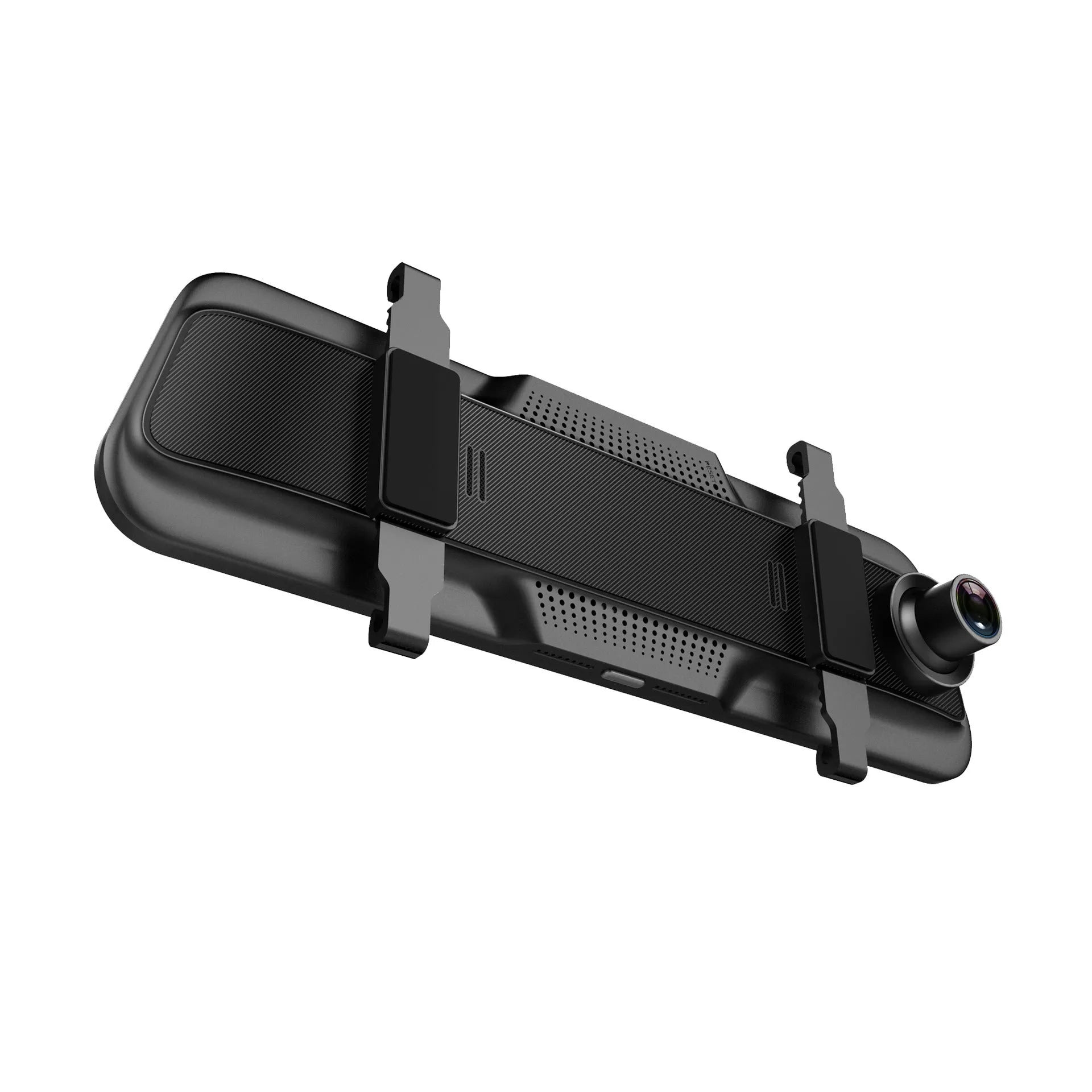 Black driving recorder with large touch screen integrated into a rearview mirror design