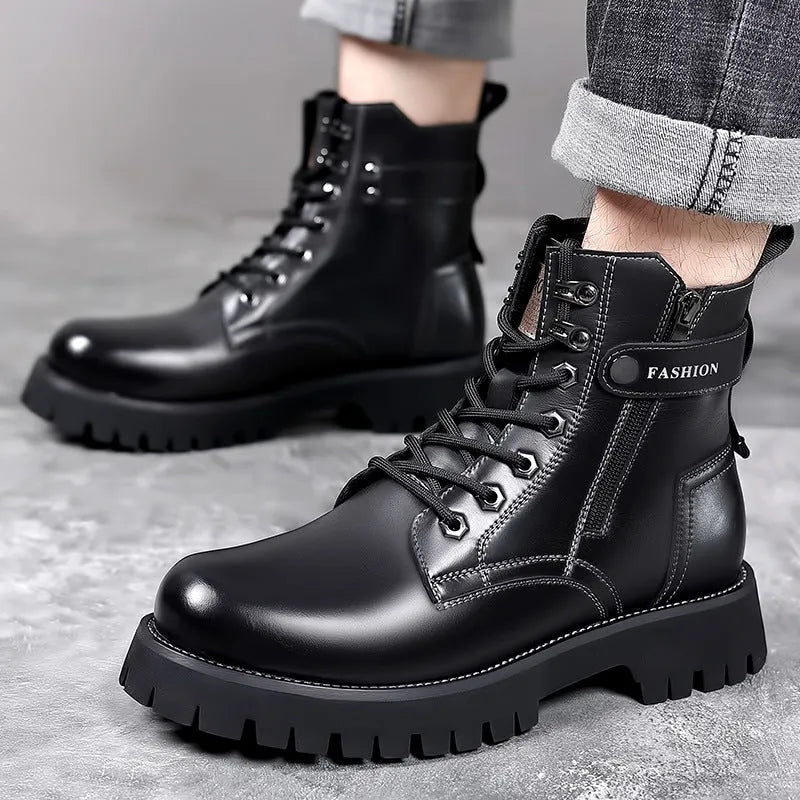 Men's leather Martin boots with thick rubber soles and side zipper closure